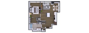 A floor plan of a house with a bedroom, bathroom, living room, and kitchen.
