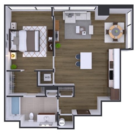 A floor plan of a house with a bedroom, bathroom, living room, and kitchen.