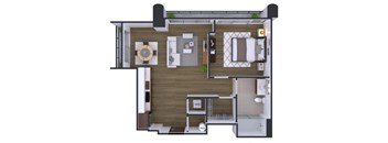 A floor plan of a small apartment with a living room, kitchen, and bedroom.