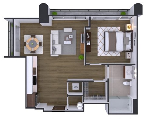 A floor plan of a small apartment with a living room, kitchen, and bedroom.