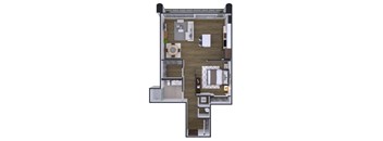 A floor plan of a house with a kitchen, living room, and two bedrooms.