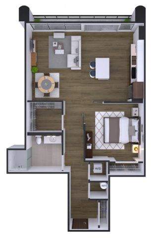 A floor plan of a house with a kitchen, living room, and two bedrooms.