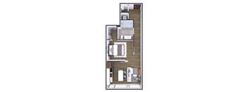 A floor plan of a two-bedroom apartment with a living room, kitchen, and bathroom.