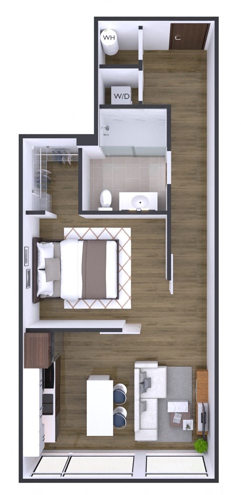 A floor plan of a two-bedroom apartment with a living room, kitchen, and bathroom.