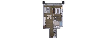A floor plan of a house with a living room, dining room, kitchen, and two bedrooms.