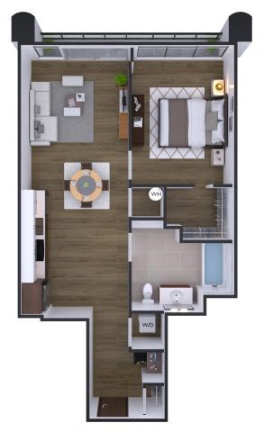 A floor plan of a house with a living room, dining room, kitchen, and two bedrooms.