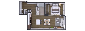 A top-down view of a room with a bed, a couch, a table, and a kitchen area.