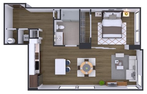 A top-down view of a room with a bed, a couch, a table, and a kitchen area.