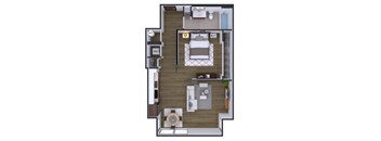 A floor plan of a small apartment with a bedroom, living room, and kitchen.