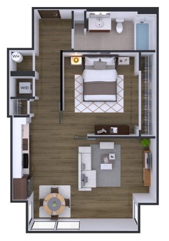 A floor plan of a small apartment with a bedroom, living room, and kitchen.