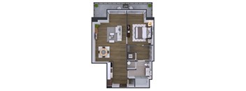 A floor plan of a house with a kitchen, living room, and bathroom.