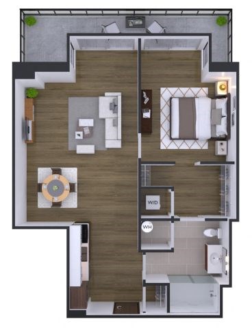 A floor plan of a house with a kitchen, living room, and bathroom.