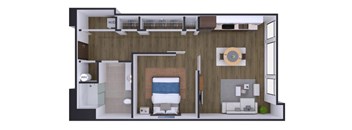 A 3D floor plan of a small apartment with a bedroom, living room, and bathroom.
