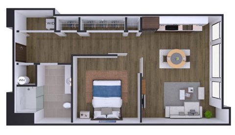A 3D floor plan of a small apartment with a bedroom, living room, and bathroom.