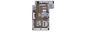A floor plan of a small apartment with a bedroom, living room, and bathroom.