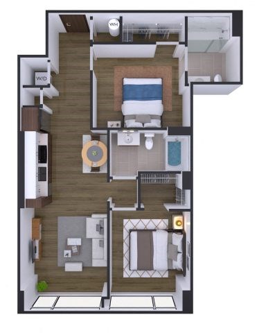 A floor plan of a small apartment with a bedroom, living room, and bathroom.