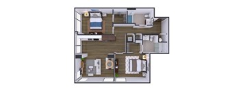 A top-down view of a house layout with a bedroom, living room, kitchen, and bathroom.