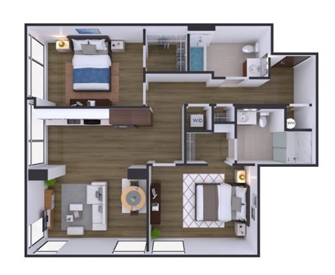 A top-down view of a house layout with a bedroom, living room, kitchen, and bathroom.