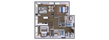 A 3D floor plan of a small apartment with a bedroom, living room, and kitchen.