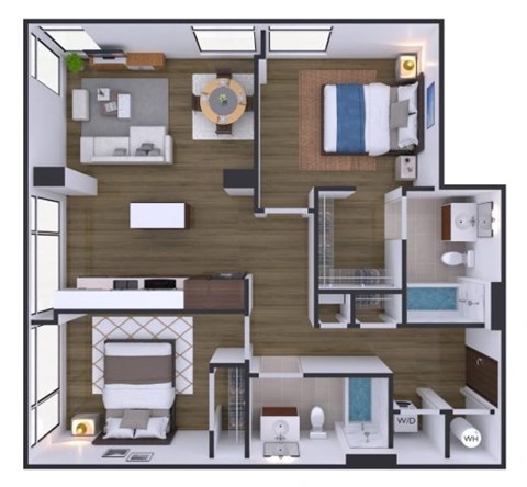 A 3D floor plan of a small apartment with a bedroom, living room, and kitchen.