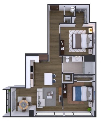 A 3D floor plan of a multi-level home with labeled rooms.