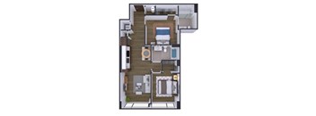 A floor plan of a small apartment with a kitchen, living room, and bathroom.