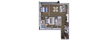A top-down view of a small apartment layout with a kitchen, living room, and bedroom.