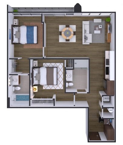 A top-down view of a small apartment layout with a kitchen, living room, and bedroom.