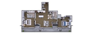 A floor plan of a house with a kitchen, living room, and bedrooms.