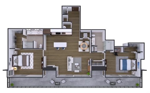 A floor plan of a house with a kitchen, living room, and bedrooms.