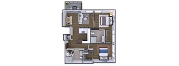 A floor plan of a small apartment with a kitchen, living room, and bathroom.