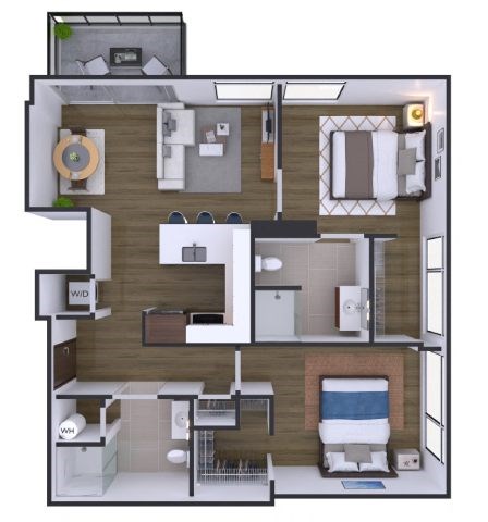 A floor plan of a small apartment with a kitchen, living room, and bathroom.
