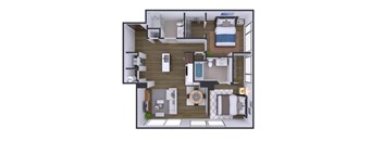A top-down view of a small apartment with a kitchen, living room, and bedroom.