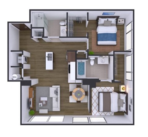 A top-down view of a small apartment with a kitchen, living room, and bedroom.