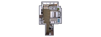 A floor plan of a small apartment with a kitchen, living room, and bathroom.
