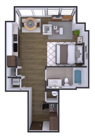A floor plan of a small apartment with a kitchen, living room, and bathroom.