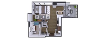 A floor plan of a small apartment with a living room, kitchen, and bathroom.