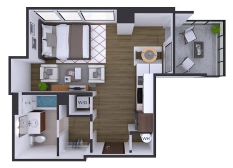A floor plan of a small apartment with a living room, kitchen, and bathroom.