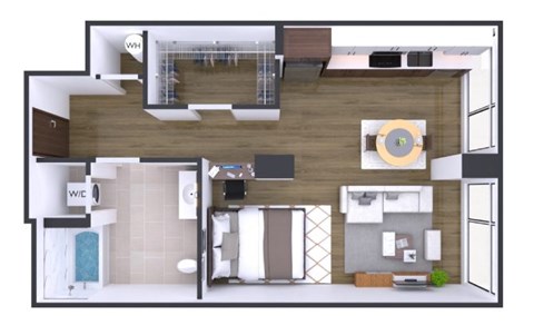A floor plan of a house with a living room, kitchen, and bathroom.