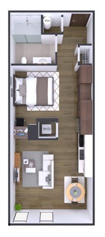 A floor plan of a two-story apartment with a living room, kitchen, and bathroom on the first floor, and a bedroom on the second floor.