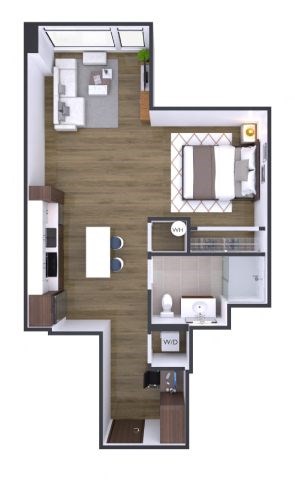 A floor plan of a small apartment with a kitchen, living room, and bathroom.
