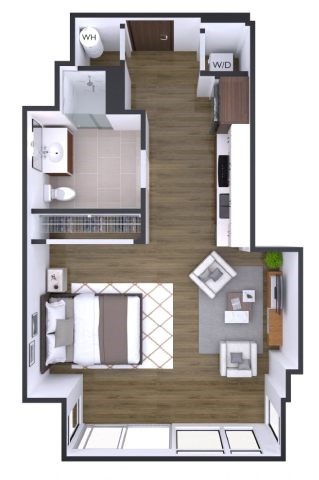 A floor plan of a small apartment with a kitchen, living room, and bathroom.