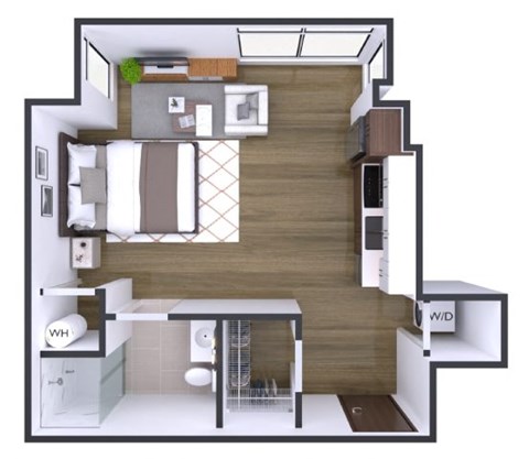 A floor plan of a small apartment with a kitchen, living room, and bedroom.