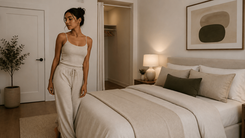 A woman in a white dress stands in a bedroom.