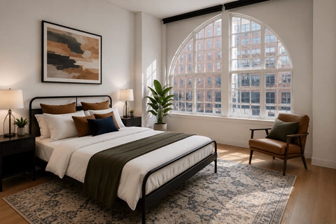 A bedroom with a large bed and a large window overlooking a cityscape.