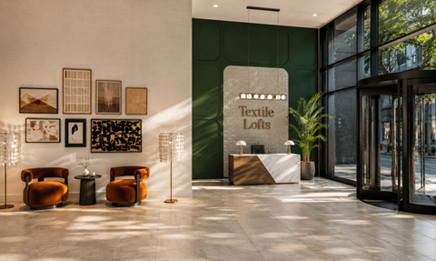 A lobby with a green wall and a sign that says Textile Lofts.