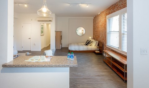 A kitchen with a counter and a bedroom with a bed.