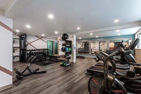 A gym with a variety of equipment including treadmills, weights, and exercise bikes.