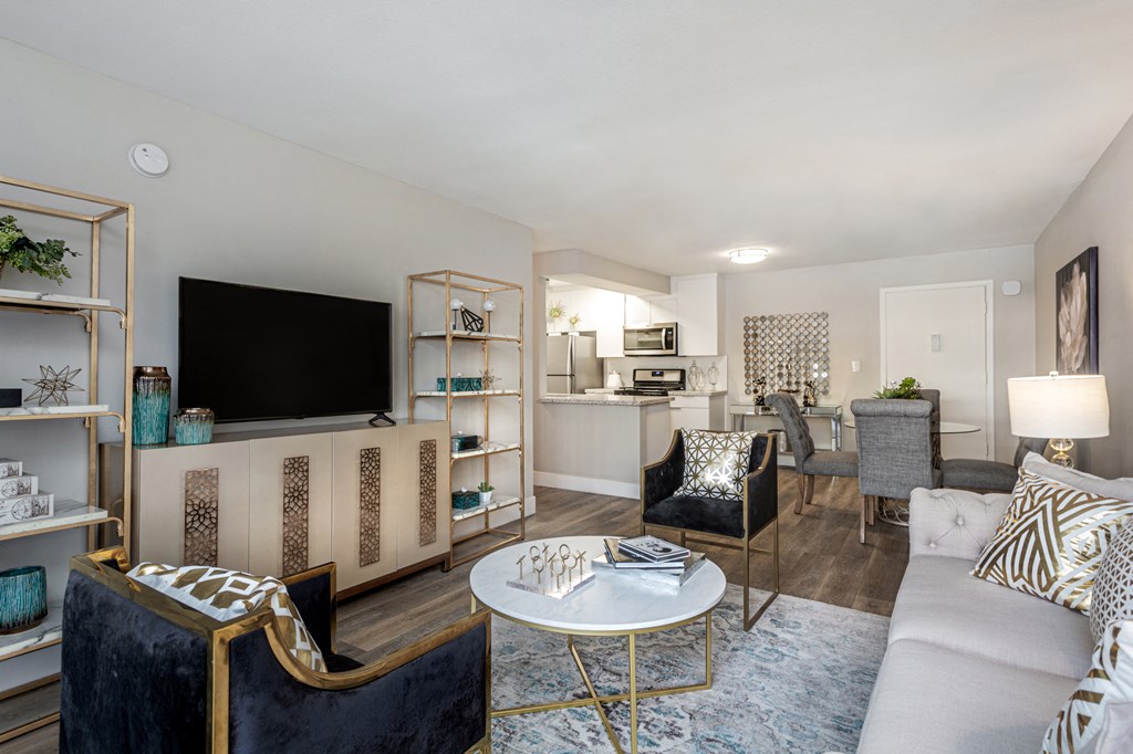 a living room with a couch and chairs and a tv