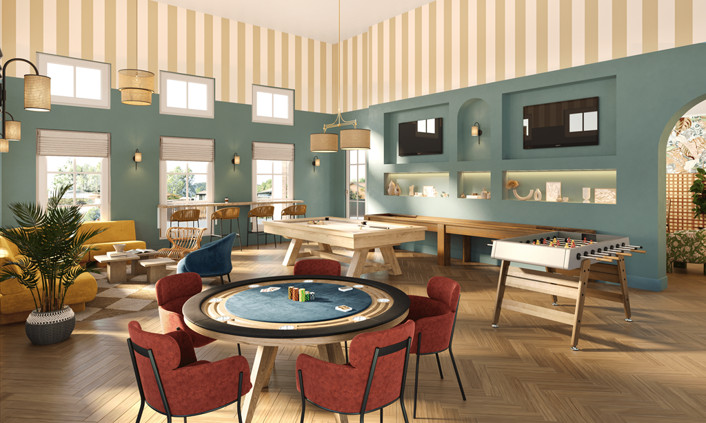 a rendering of a game room with a shuffleboard table and a foosball table
